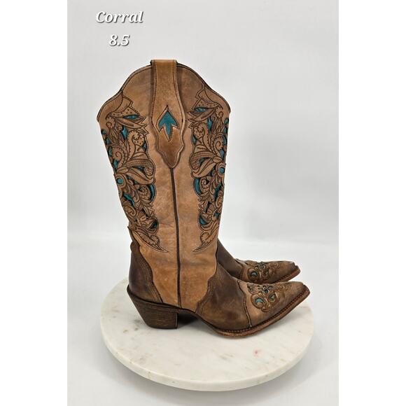 Corral Tan & Turquoise Embroidered Western Boots - Picture 1 of 9